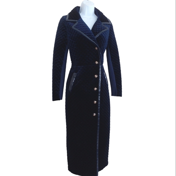 Vintage Women's Velvet Quilted Trench Coat Midnight Blue S/M - Picture 2 of 8